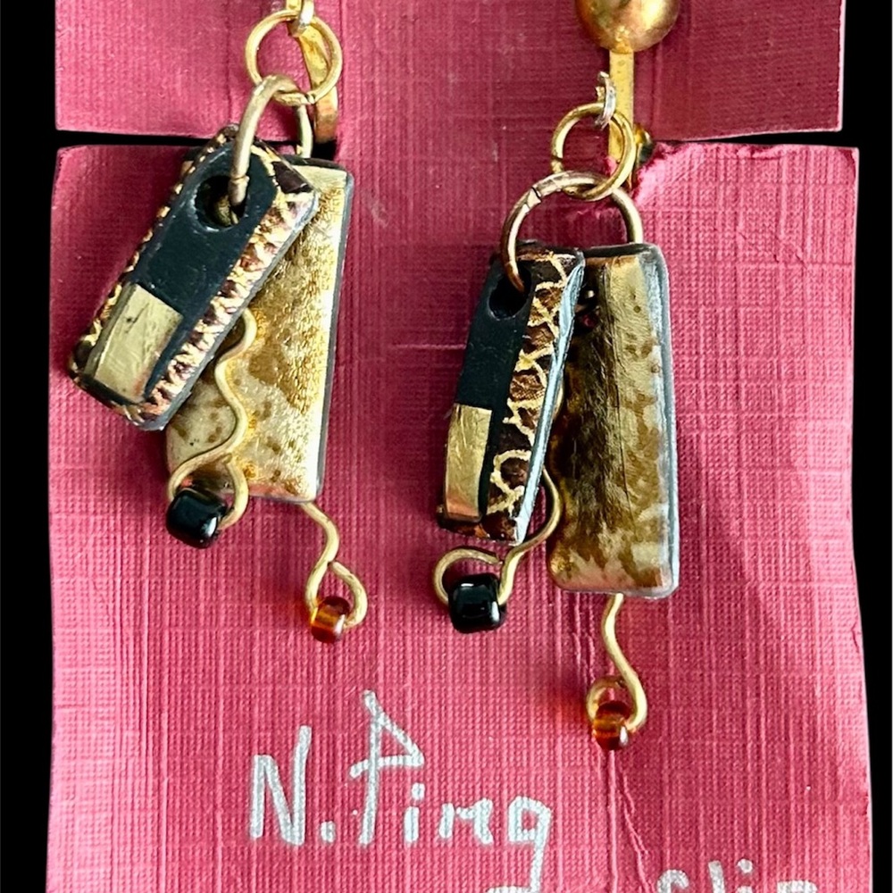 Local Artist Nancy Ping Artistic Gold and Black Clip Earrings